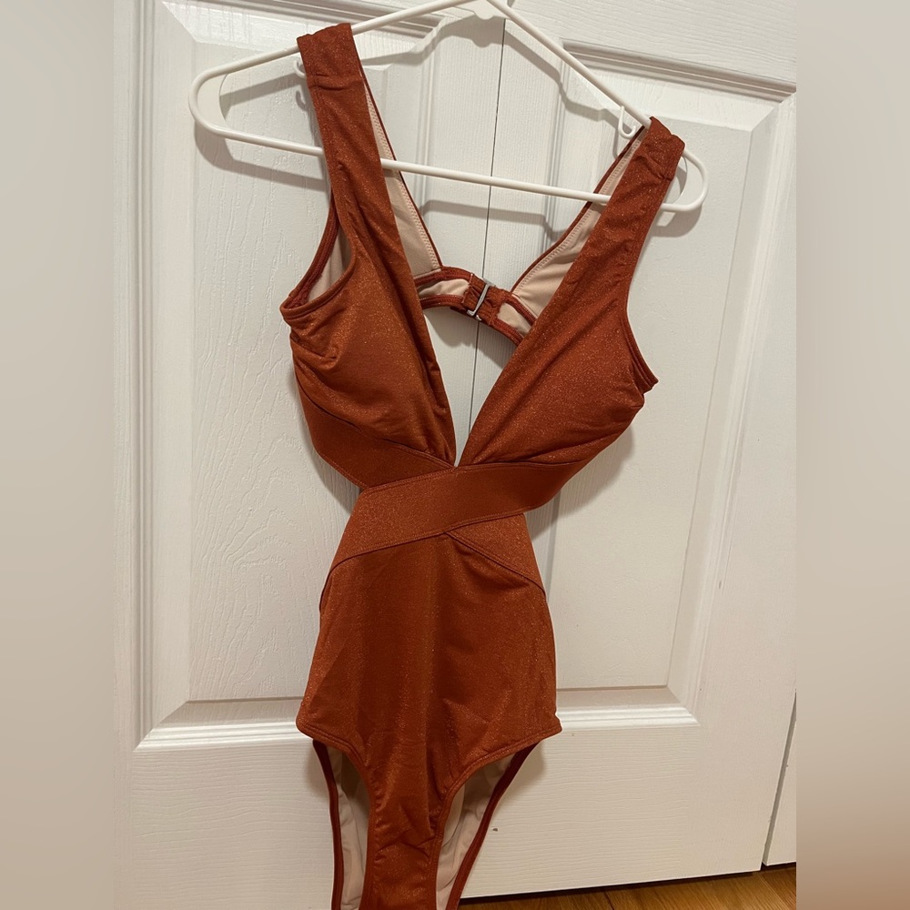 Metallic Plunge Cutout One Piece Swimsuit